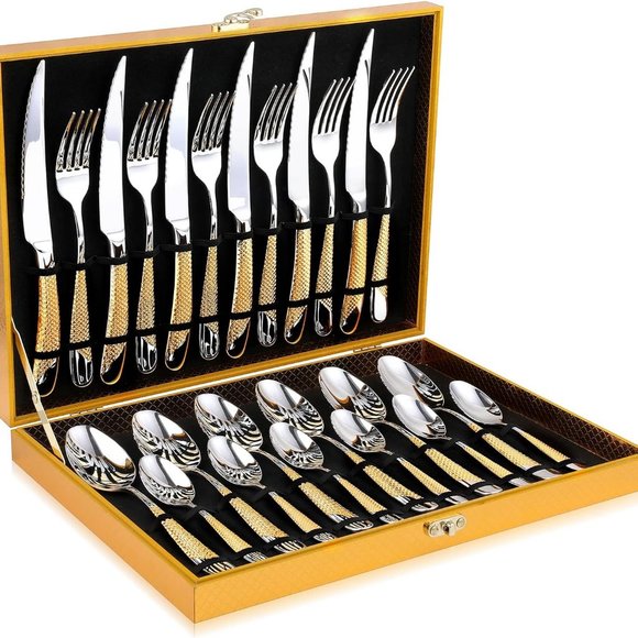 Perfect Holiday Gift 24-Piece Gold Forged Stainless Steel Flatware Set, Service - Picture 8 of 14